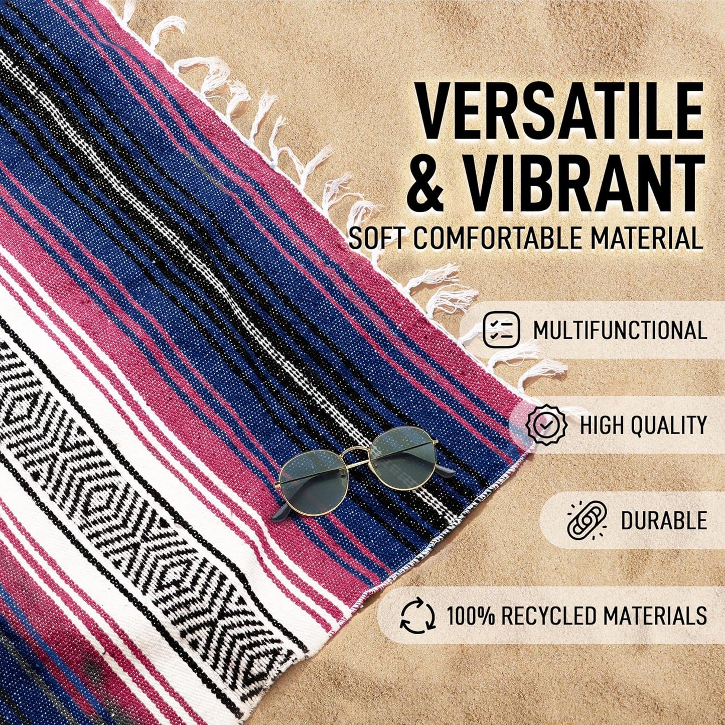 Hydration Nation Authentic Large Handwoven Mexican Blanket - Soft Yoga - Durable Serape - Lightweight Falsa, Beach, Camping, Picnic, Outdoor 70"x50" - Mandarin