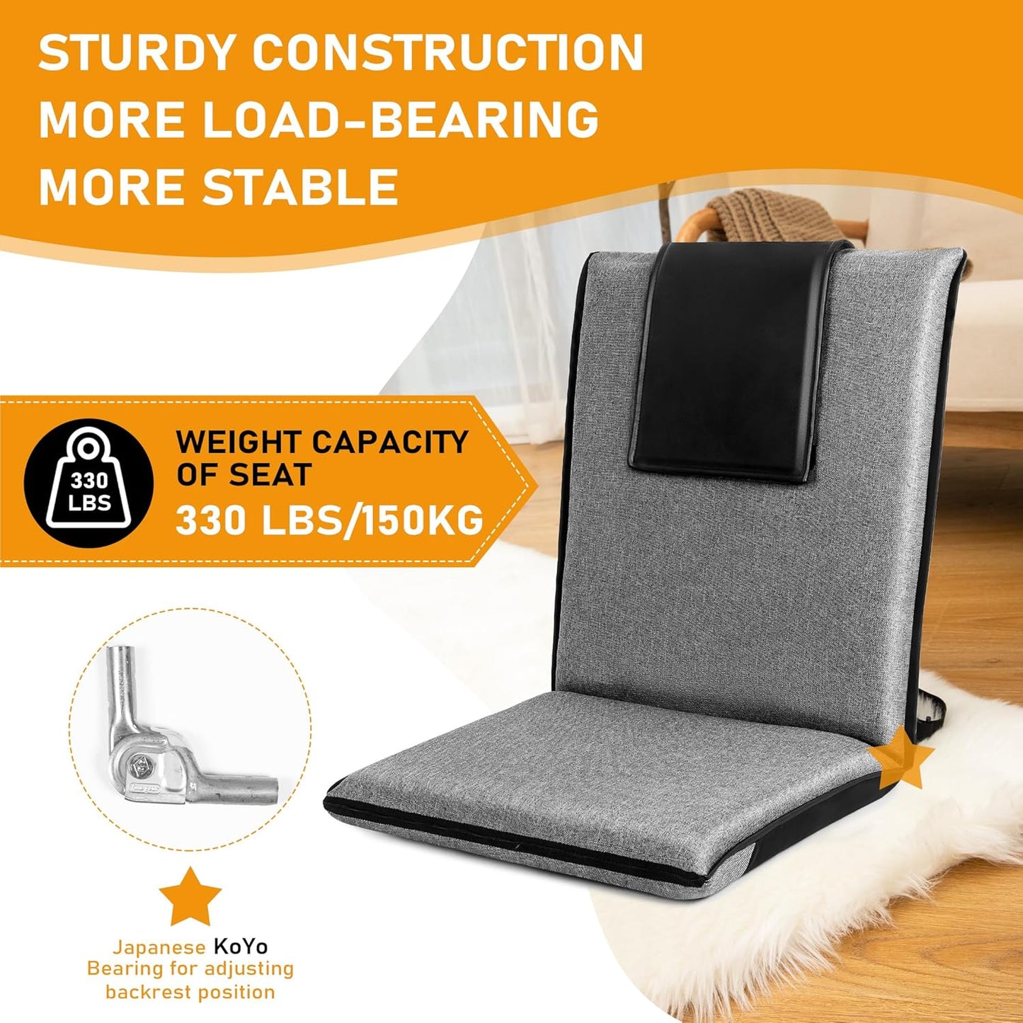 Floor Chair with Back Support 14-Position Adjustable Floor Chair Portable Ground Seating for Adults & Kids Foldable Meditation Seat with Japanese KOYO Bearings & Washable Linen Cover (Coffee)