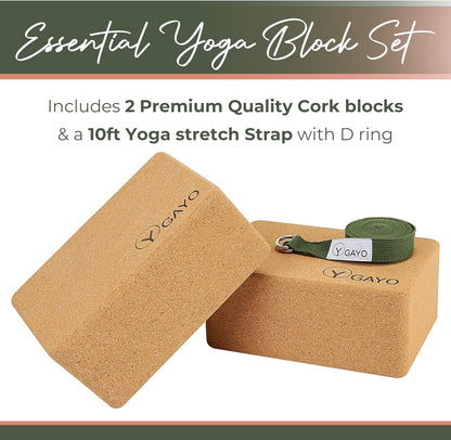 Y O Gayo Premium Cork Yoga Blocks – Durable & Sturdy Natural Cork Yoga Blocks for Stability, Balance, Alignment, Stretching, and Support in Yoga & Pilates