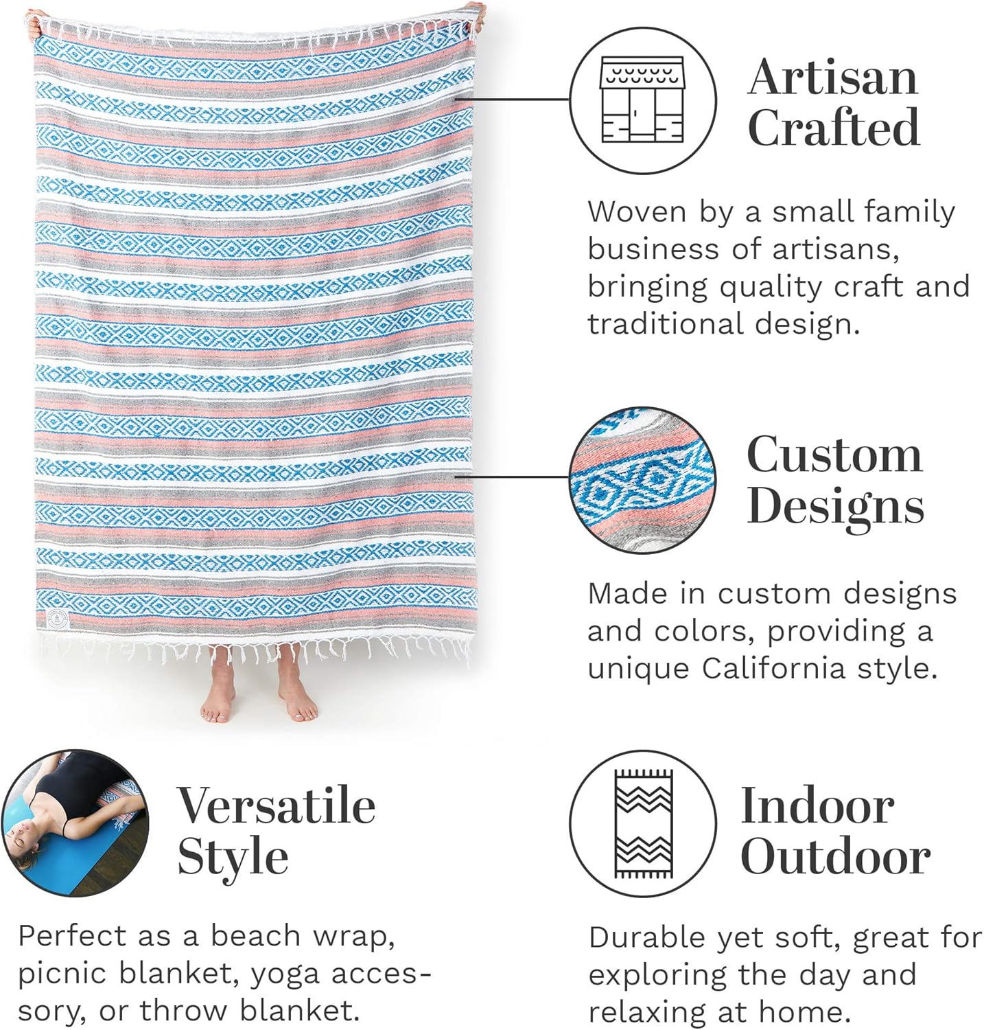 Mexican Blanket by Laguna Beach Textile Co - Beach, Yoga, Camping, or Decorative Throw Blanket - Traditional Handmade Serape (Ivory)