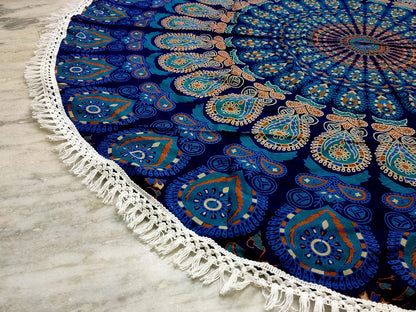 Mandala Round Beach Tapestry Boho Hippie Blanket Bohemian Large Table Cloth Home Decor Yoga Mat Meditation Picnic Rug Throw Hippy Gypsy Tablecloth Roundie (42 Inches, Orange And Blue)