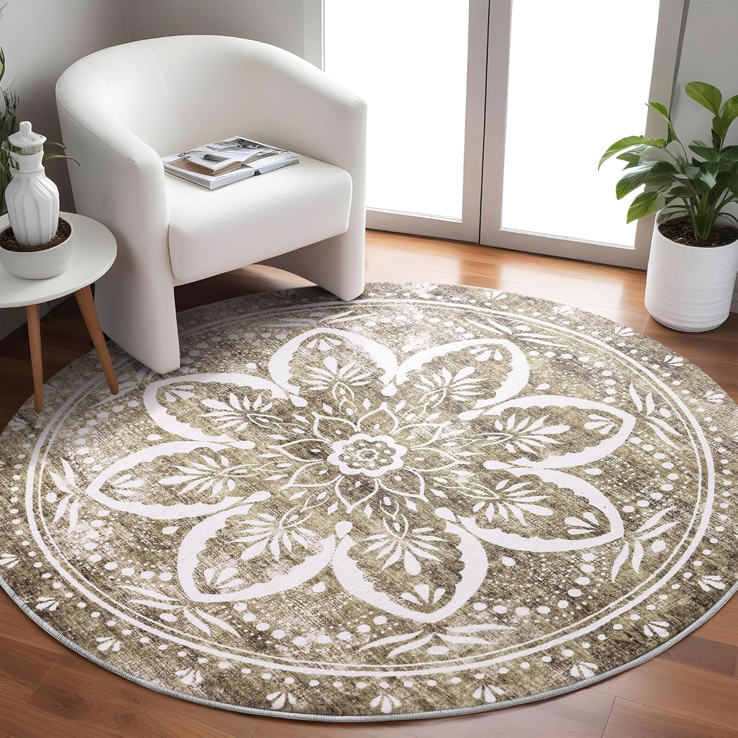 Carvapet 4ft Washable Round Rugs, Modern Abstract Circle Rug, Non Slip Rubber Backing Foldable Low Pile Carpet for Living Room Bedroom, 4ft Red/Orange Rug