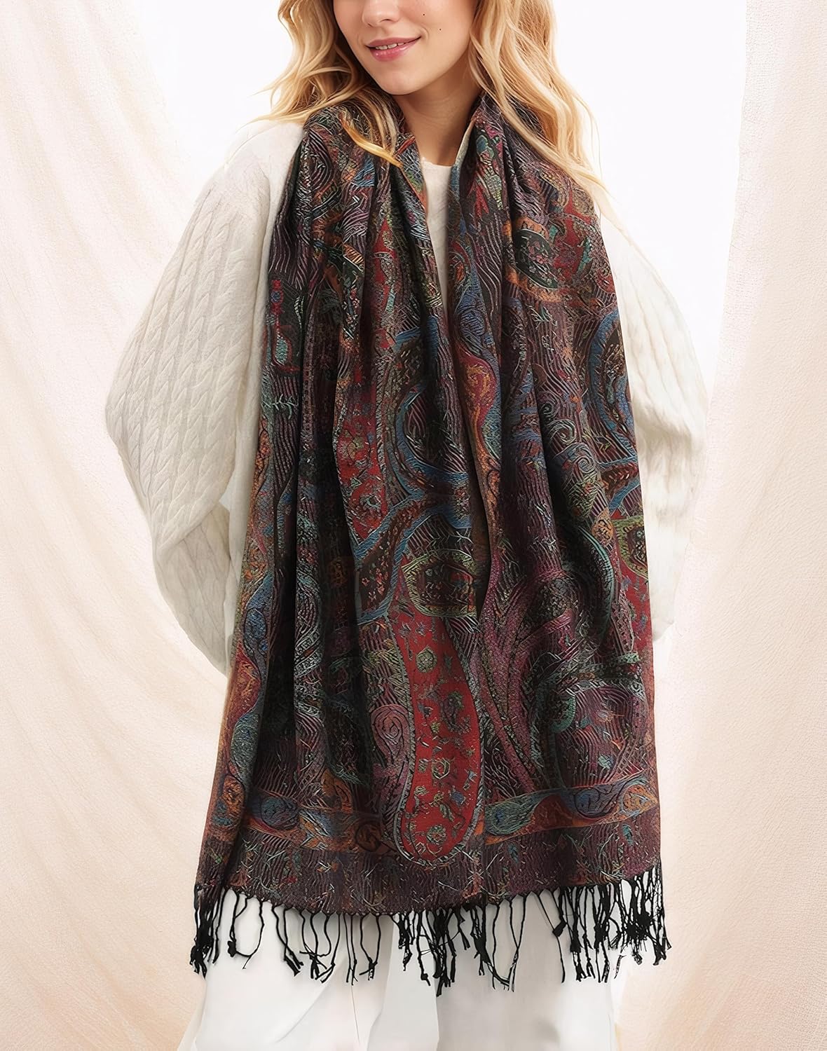 Achillea Reversible Paisley Pashmina Rave Scarf – Exotic Indian Shawls and Wraps for Evening Dresses, Festivals, All Seasons - Colors A