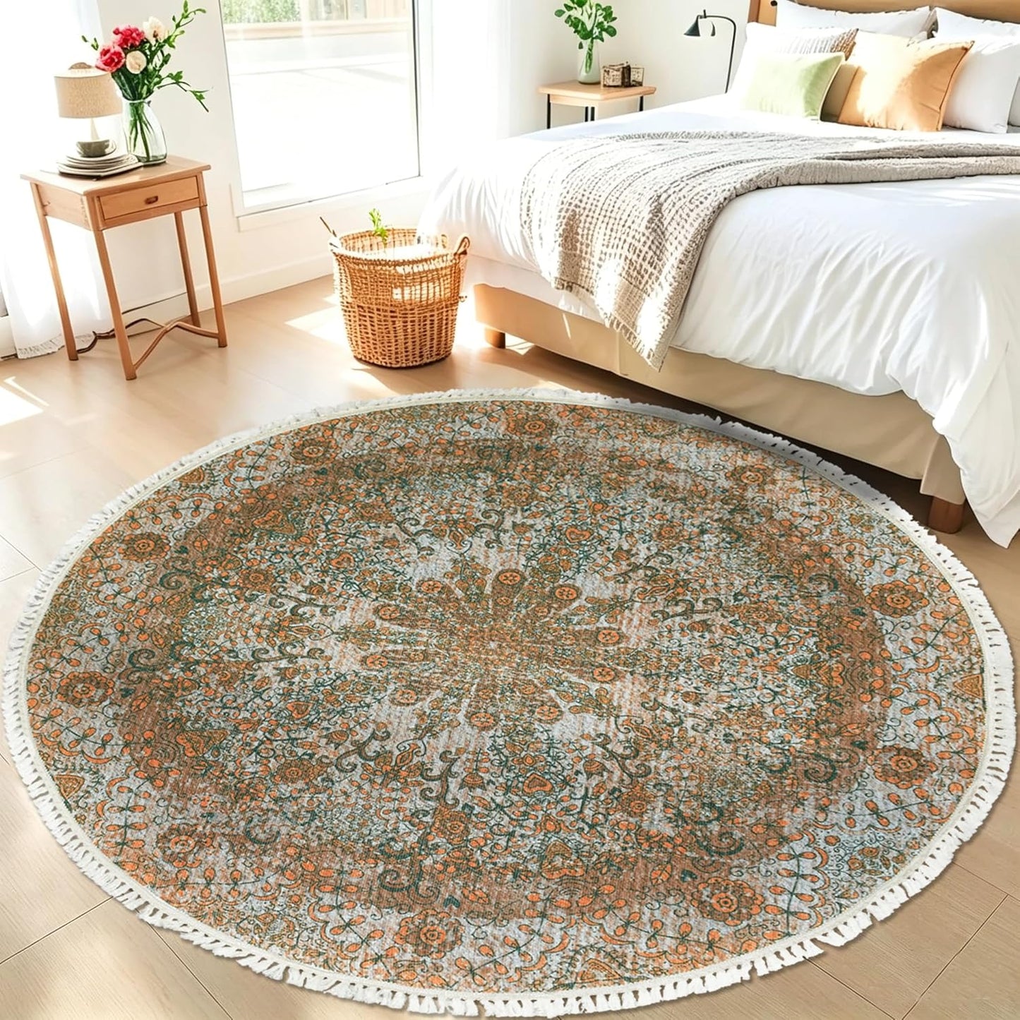 Boho Rug 5Ft Round Bedroom Carpet Circle Nonslip Farmhouse Area Rug Rustic Mandala Floor Mat for Living Room Locker Room Tassel Yoga Throw Rugs Washable Doormat, Purple