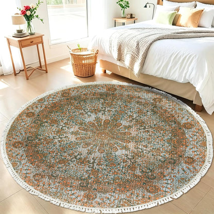Boho Rug 5Ft Round Bedroom Carpet Circle Nonslip Farmhouse Area Rug Rustic Mandala Floor Mat for Living Room Locker Room Tassel Yoga Throw Rugs Washable Doormat, Purple