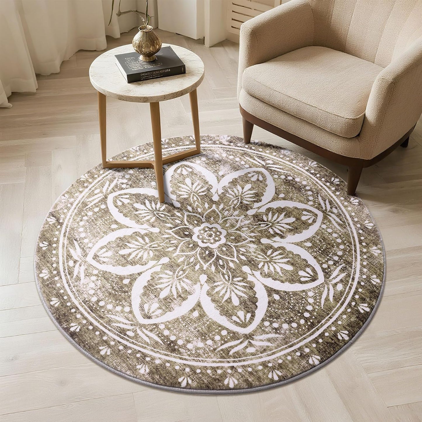 Carvapet 4ft Washable Round Rugs, Modern Abstract Circle Rug, Non Slip Rubber Backing Foldable Low Pile Carpet for Living Room Bedroom, 4ft Red/Orange Rug