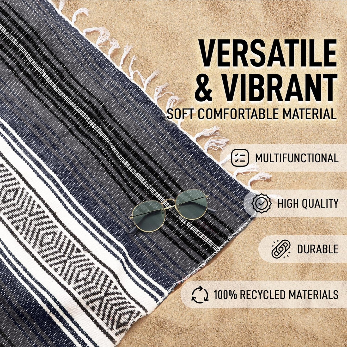 Hydration Nation Authentic Large Handwoven Mexican Blanket - Soft Yoga - Durable Serape - Lightweight Falsa, Beach, Camping, Picnic, Outdoor 70"x50" - Mandarin