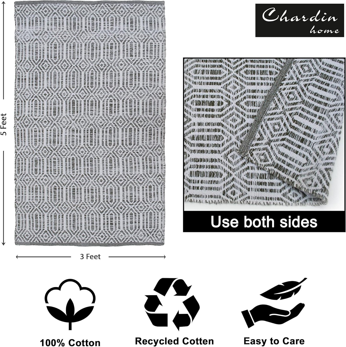Chardin home Farmhouse Rug 24''x36'' Black-White | Recycled Cotton Hand Woven Rug, Long Boho Rug | Perfect for Hallways, Kitchens, Bathroom, bedrooms, Meditation Yoga Mat | Machine Wash