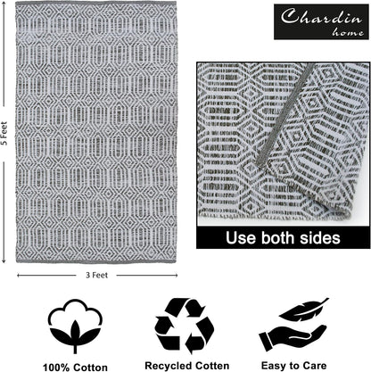 Chardin home Farmhouse Rug 24''x36'' Black-White | Recycled Cotton Hand Woven Rug, Long Boho Rug | Perfect for Hallways, Kitchens, Bathroom, bedrooms, Meditation Yoga Mat | Machine Wash