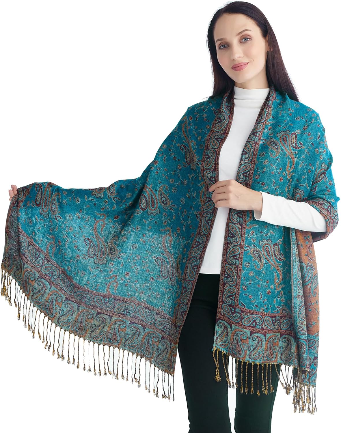 Ciormis Two Tone Silky Paisley Pashmina Shawl Scarf,Soft Women's Rave Jacquard Pashminas Wrap Scarves