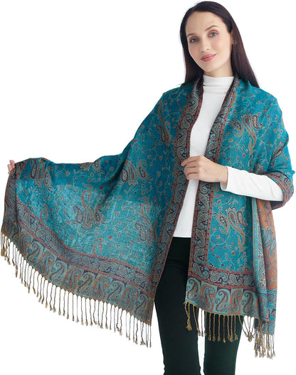 Ciormis Two Tone Silky Paisley Pashmina Shawl Scarf,Soft Women's Rave Jacquard Pashminas Wrap Scarves