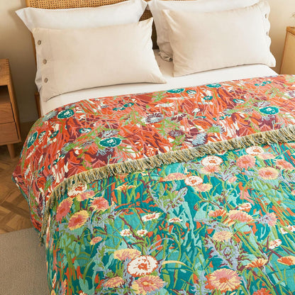 Boho Throw Blanket - 100% Cotton Soft Summer Throw Blanket for Bed, 50"x60" Reversible Breathable Lightweight Blankets, All Seasons Farmhouse Decor Floral Plant Butterfly Throw Quilt