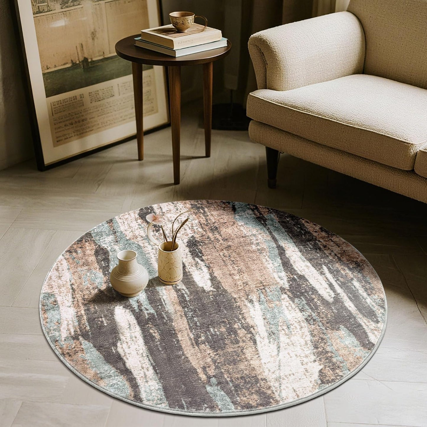 Carvapet 4ft Washable Round Rugs, Modern Abstract Circle Rug, Non Slip Rubber Backing Foldable Low Pile Carpet for Living Room Bedroom, 4ft Red/Orange Rug