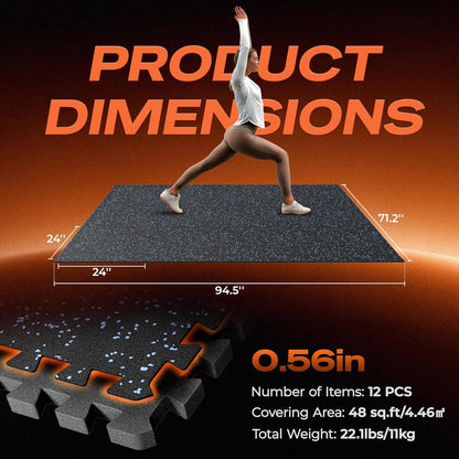 SUPERJARE 0.56'' Thick 12 Pcs 48 Sq Ft Rubber Top Exercise Equipment Mats, High Density EVA Foam Mats with Rubber Top, Interlocking Gym Flooring for Home Gym, Protective Workout Mat, Black/Grey