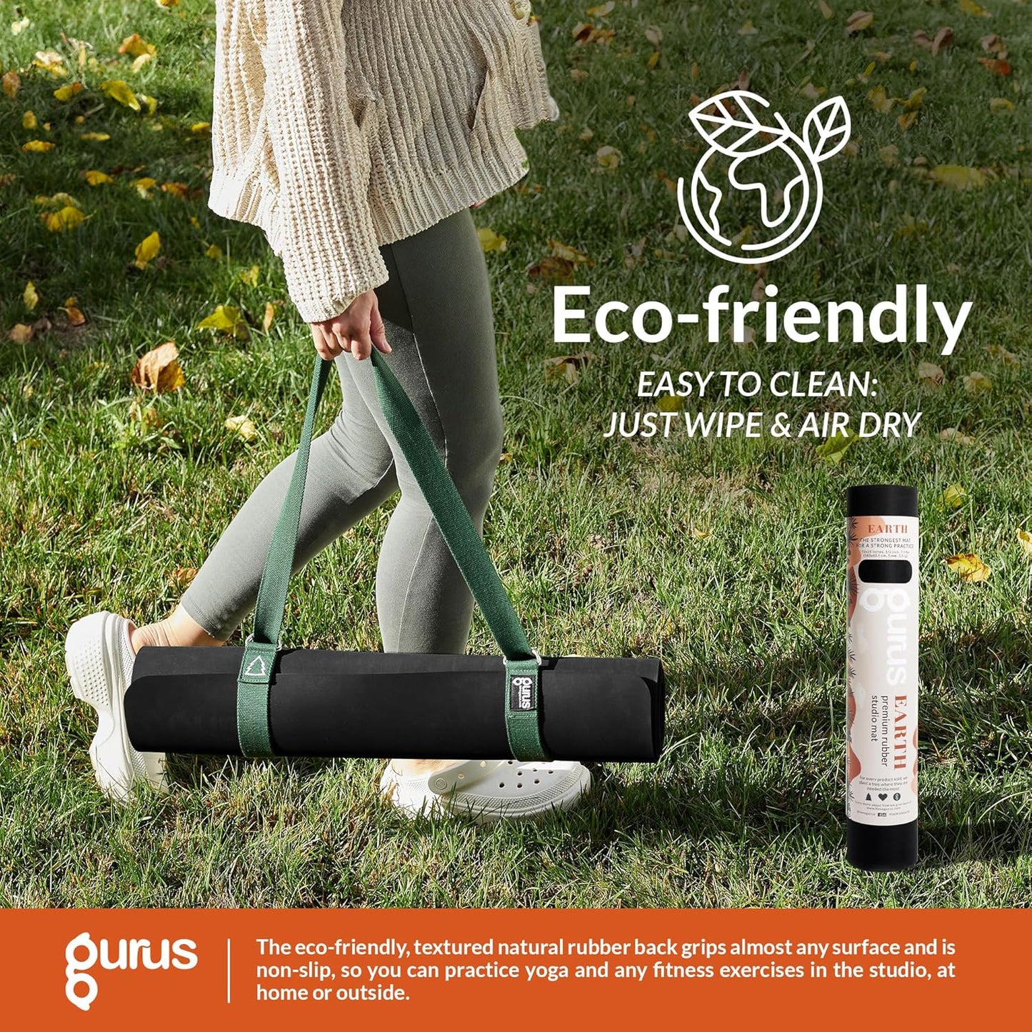 Gurus Natural Rubber Yoga Mat, Eco Friendly Earth Yoga Mat, Non Slip Yoga Rubber Mat, 72x25 Inches 5 mm Thickness