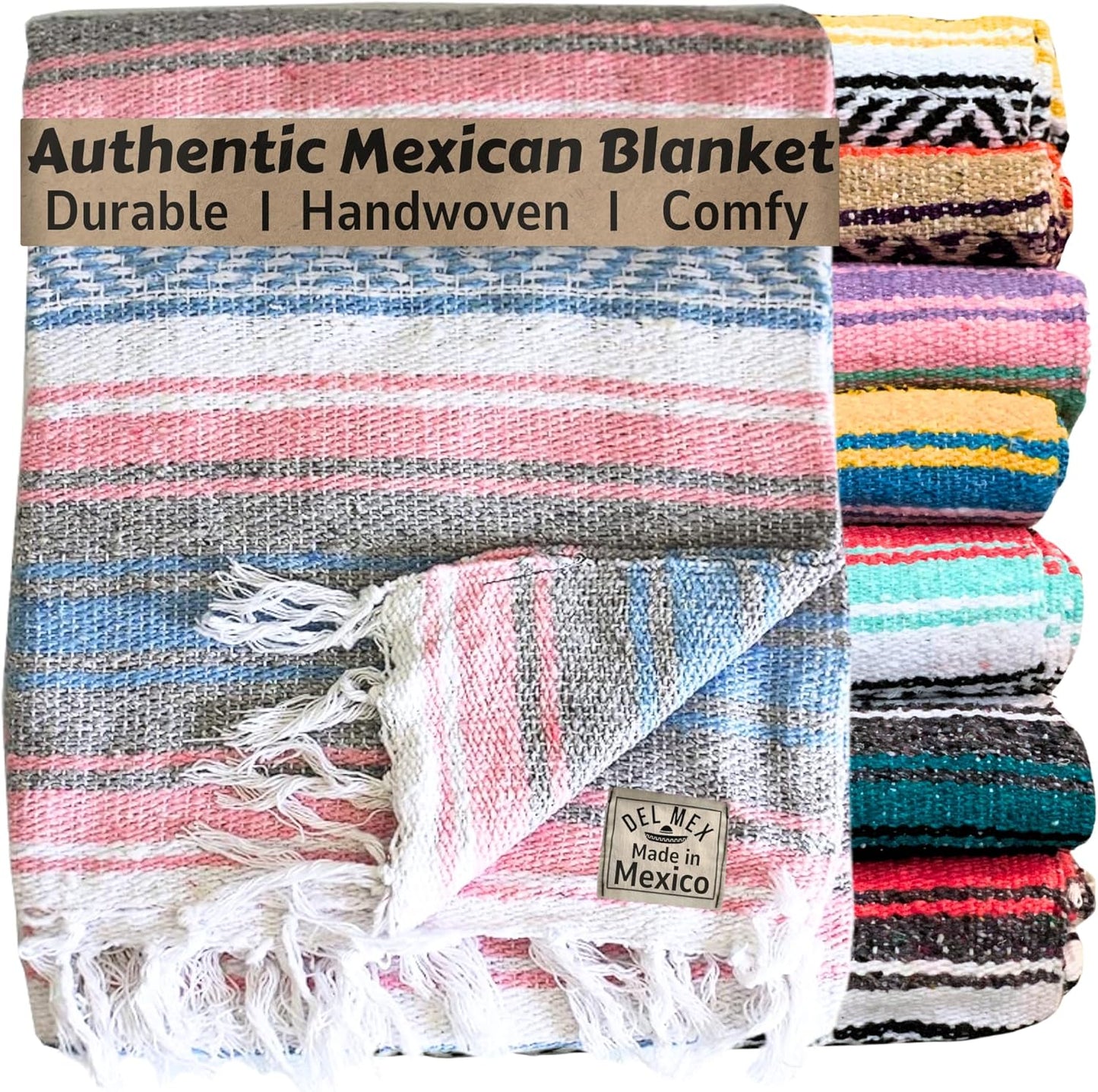 Del Mex Classic Mexican Blanket, Large Authentic Woven Falsa Throw (70"x50"), Artisan Southwest Décor for Beach, Yoga, Outdoors (Lavender)