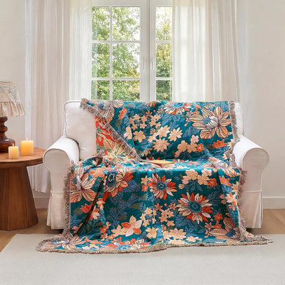 Boho Throw Blanket - 100% Cotton Soft Summer Throw Blanket for Bed, 50"x60" Reversible Breathable Lightweight Blankets, All Seasons Farmhouse Decor Floral Plant Butterfly Throw Quilt
