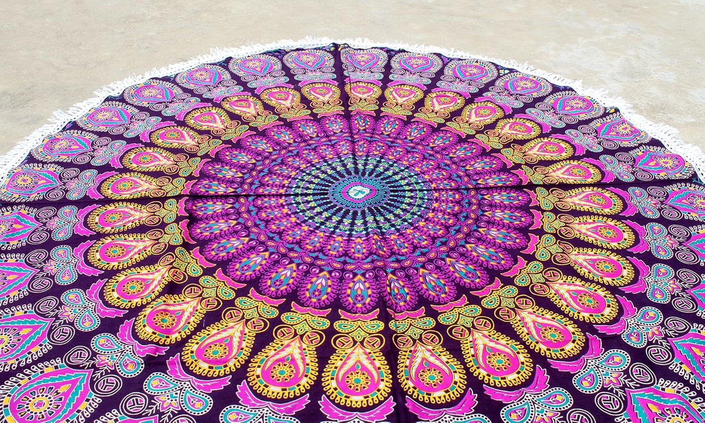 Mandala Round Beach Tapestry Boho Hippie Blanket Bohemian Large Table Cloth Home Decor Yoga Mat Meditation Picnic Rug Throw Hippy Gypsy Tablecloth Roundie (42 Inches, Orange And Blue)