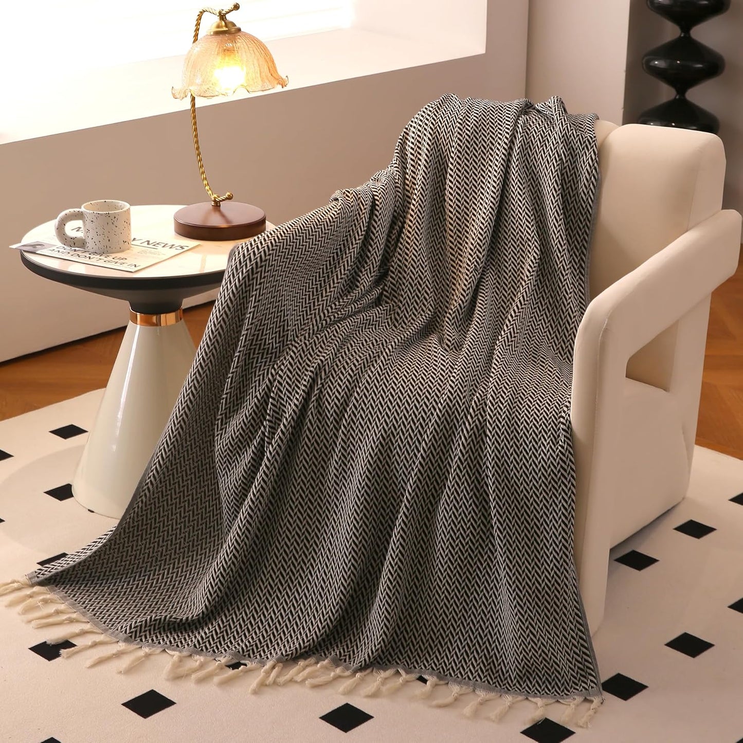 Peshtemania Premium Cotton Throw Blanket, 50x60 inches, Light Blue, Turkish Herringbone, Farmhouse Decor, Yoga Blanket, Picnic Blanket