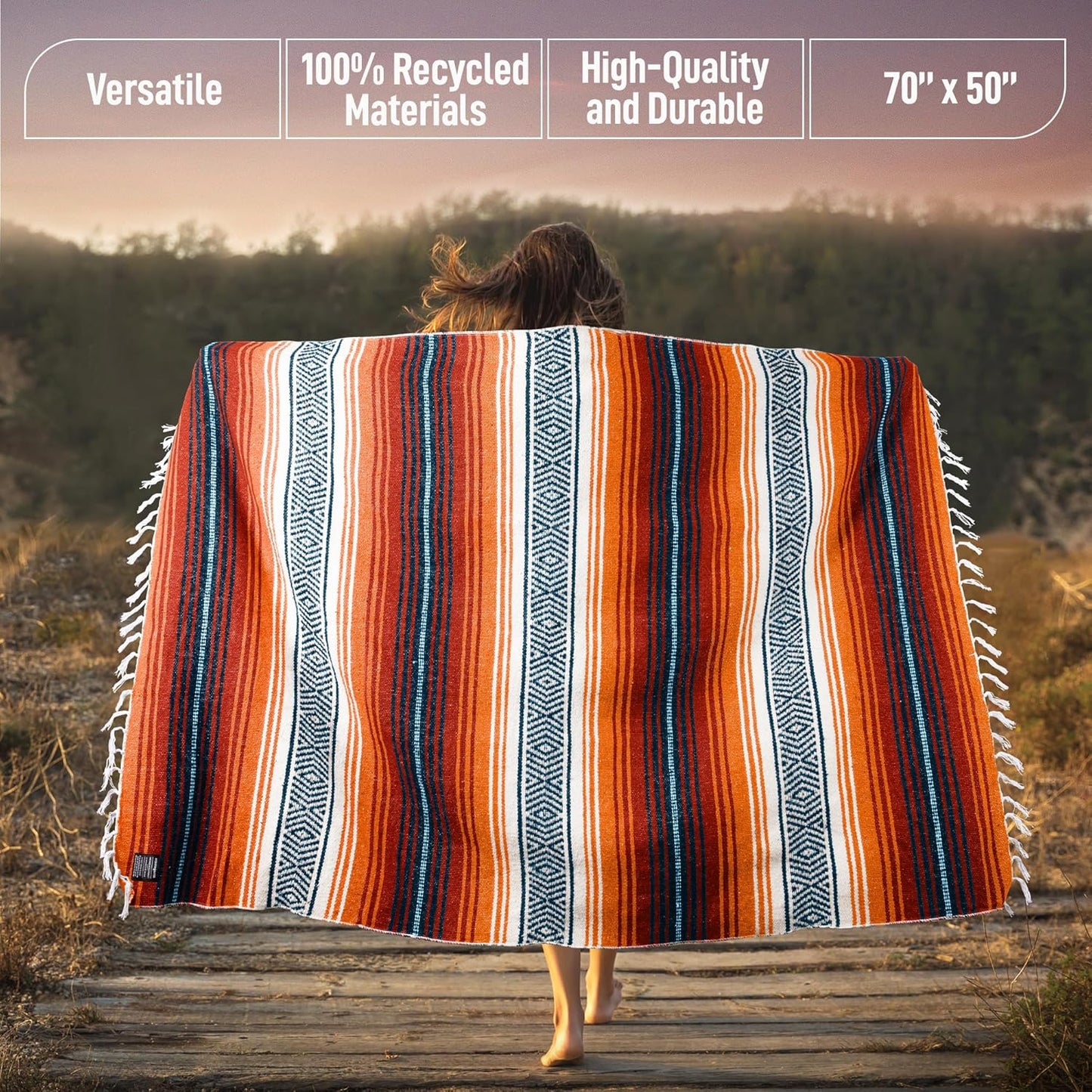 Hydration Nation Authentic Large Handwoven Mexican Blanket - Soft Yoga - Durable Serape - Lightweight Falsa, Beach, Camping, Picnic, Outdoor 70"x50" - Mandarin
