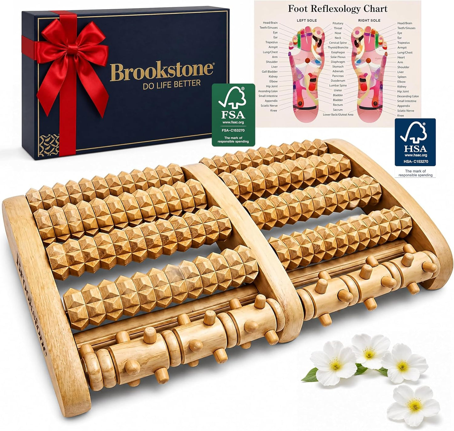 Brookstone Foot Massager Roller Plantar Fasciitis Pain Relief - Wooden Under Desk Feet Massage - Dual Manual Heel Massagers - Wood Rolling Acupressure Tool with Reflexology Guide - Gift for Men, Women