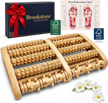 Brookstone Foot Massager Roller Plantar Fasciitis Pain Relief - Wooden Under Desk Feet Massage - Dual Manual Heel Massagers - Wood Rolling Acupressure Tool with Reflexology Guide - Gift for Men, Women