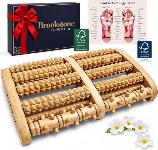 Brookstone Foot Massager Roller Plantar Fasciitis Pain Relief - Wooden Under Desk Feet Massage - Dual Manual Heel Massagers - Wood Rolling Acupressure Tool with Reflexology Guide - Gift for Men, Women