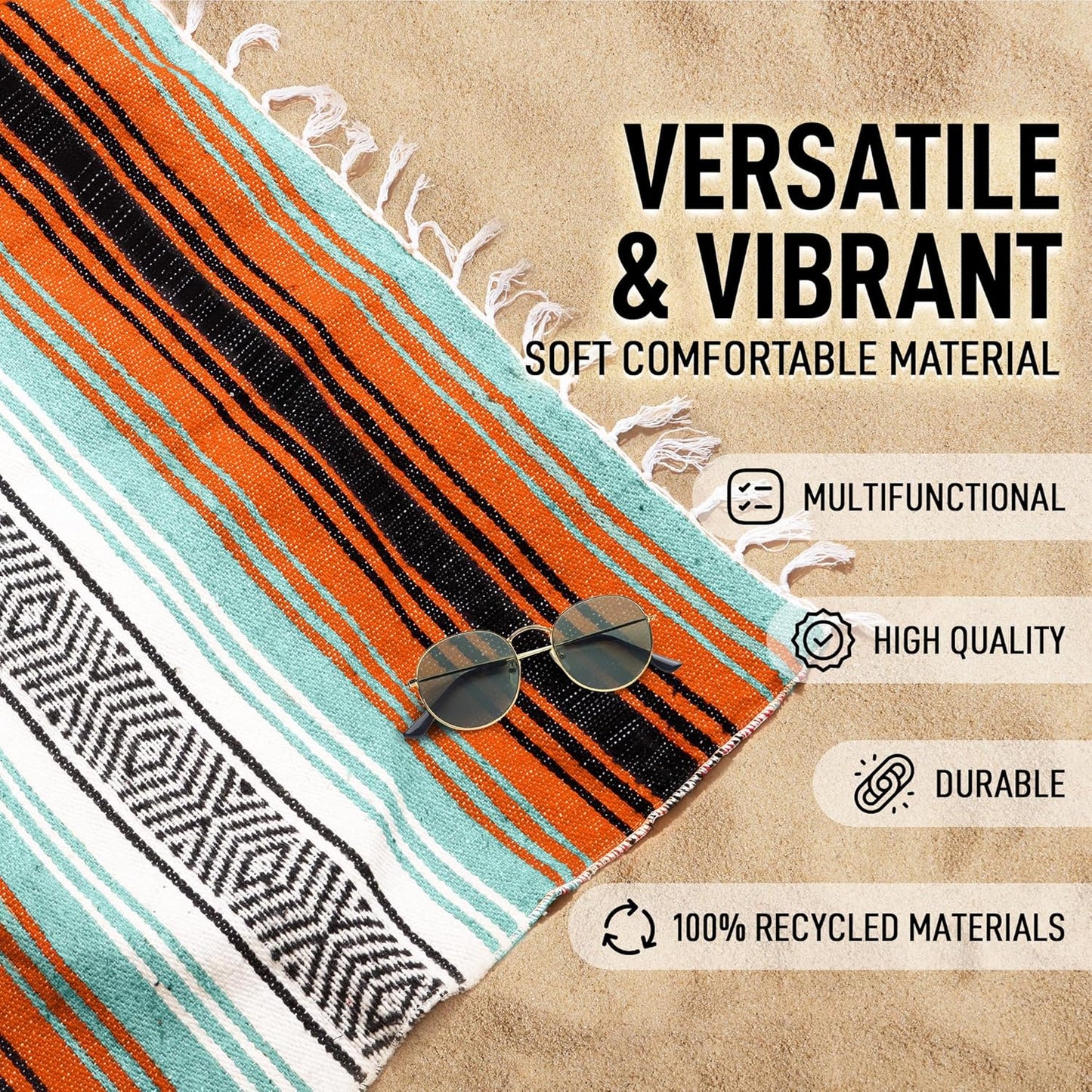 Hydration Nation Authentic Large Handwoven Mexican Blanket - Soft Yoga - Durable Serape - Lightweight Falsa, Beach, Camping, Picnic, Outdoor 70"x50" - Mandarin