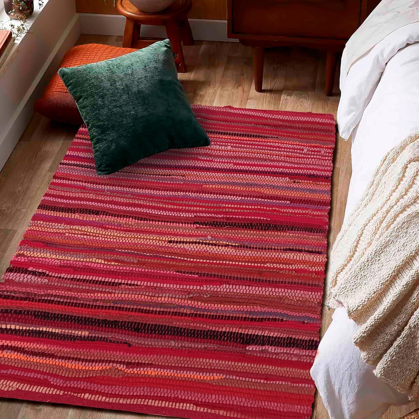 Ramanta Home 100% Cotton Chindi Hosiery Rug 24x36 Inch - Dark Multi, Farmhouse Reversible Soft Bohemeian Rugs Ideal for Entryways, Kitchen, Bedroom | Durable Lightweight Handmade Accent Doormat