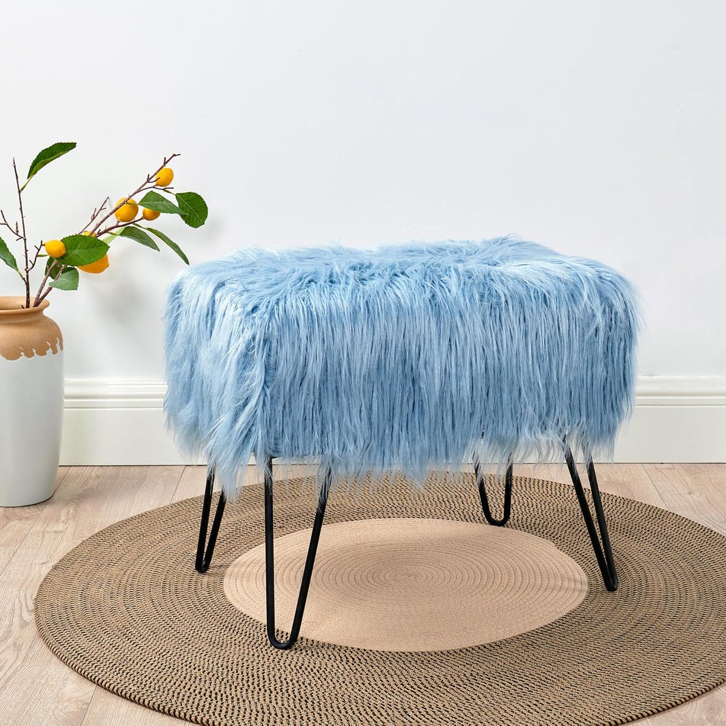 Home Soft Things Green Mongolian Faux Fur Ottoman, Desert Sage, 19'' x 13'' x 17'', Cozy Plush Fluffy Ottoman Foot Rest Stool for Living Room Bedroom Entryway Makeup Bench End of Bed Home Décor