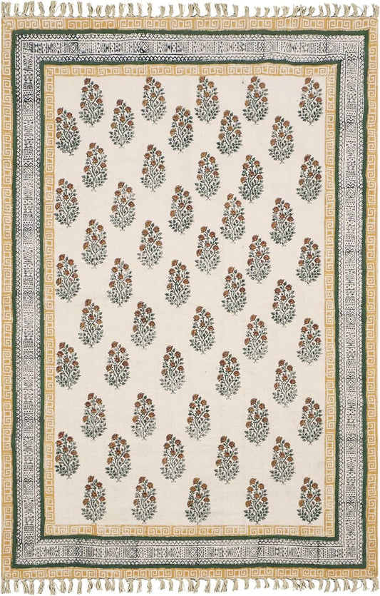 Area Rug 3x5 Kilim Rug Hand Surface Wash Yellow Beige Floral Design Hand Block Printed Cotton Dhurrie 0.19" Thick Handmade Boho Indoor Outdoor Use Flatweave Rugs for Kitchen,Enterway,Yoga - Colors A
