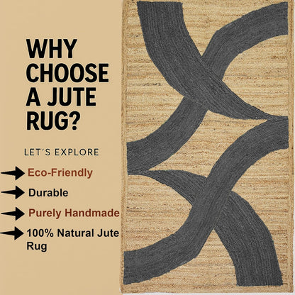 Premium Quality Jute Rug 4x6 Feet Area Rug Natural Fiber Jute Rugs Thick 0.27" Black Abstract Pattern Geometric Rugs for Kids Room, Living Room, Yoga Mat, Indoor Outdoor Carpet - Colors C