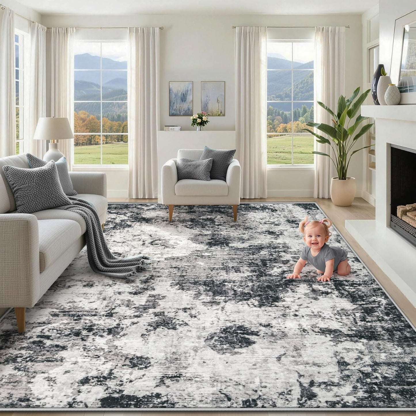 XLUEZ 8x10 Area Rugs for Living Room, Washable Modern Abstract Large Area Rug Neutral Soft Non Slip Kids Rug Stain Resistant Indoor Carpet for Bedroom Nursery Dining Children's Room(Blue, 8'x10')