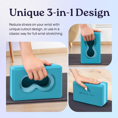 Deep-Zen® Yoga Blocks Wrist Support; Yoga Blocks 2 Pack with Knee Pads and Strap to Put Less Weight on Wrists; Durable, Versatile Yoga Brick Exercise Block Set, Blocks Yoga