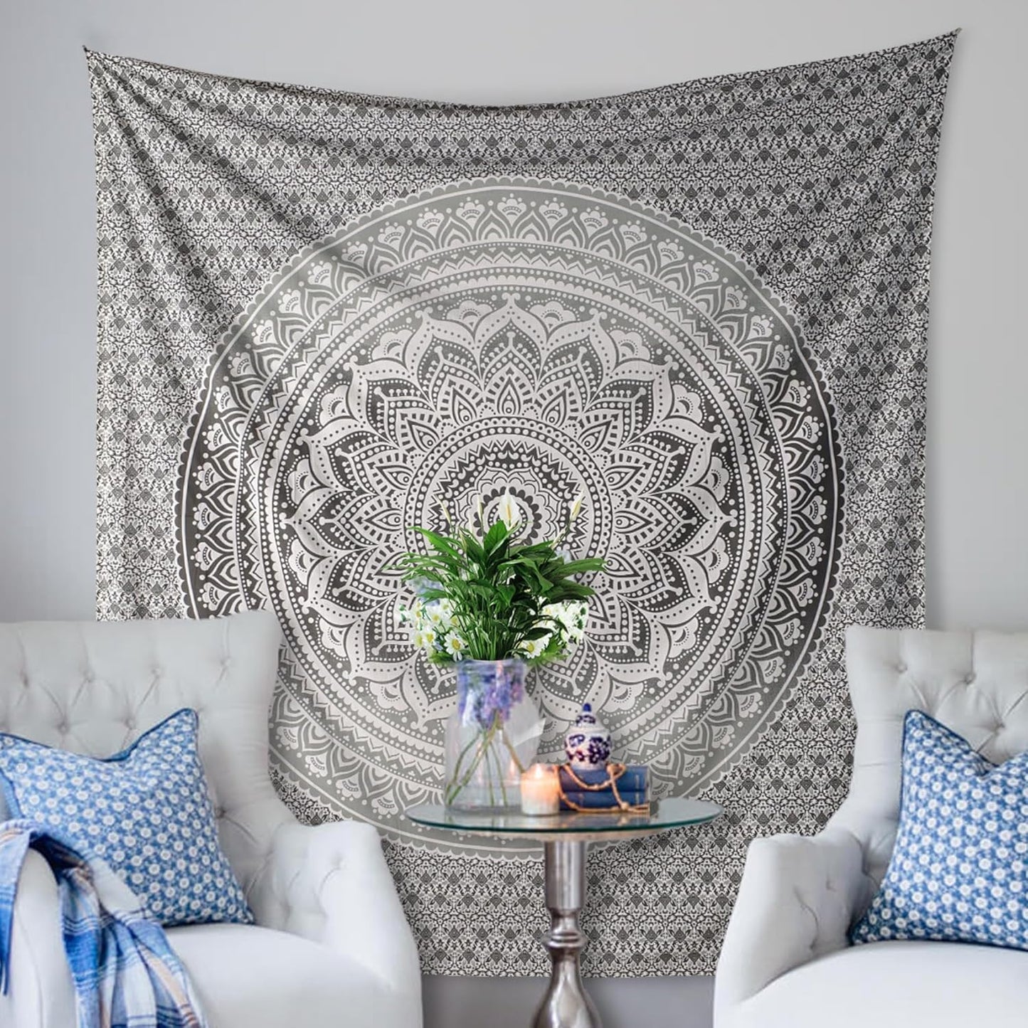 THE ART BOX Original Gold Tapestry Wall Hanging Mandala – Cotton Throw Tapestry – Boho Bedding White and Gold Medium Bedspread 54x60 Inches – Meditation & Yoga Rug Mat