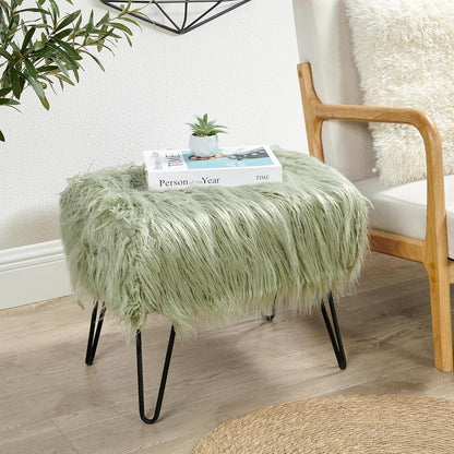 Home Soft Things Green Mongolian Faux Fur Ottoman, Desert Sage, 19'' x 13'' x 17'', Cozy Plush Fluffy Ottoman Foot Rest Stool for Living Room Bedroom Entryway Makeup Bench End of Bed Home Décor