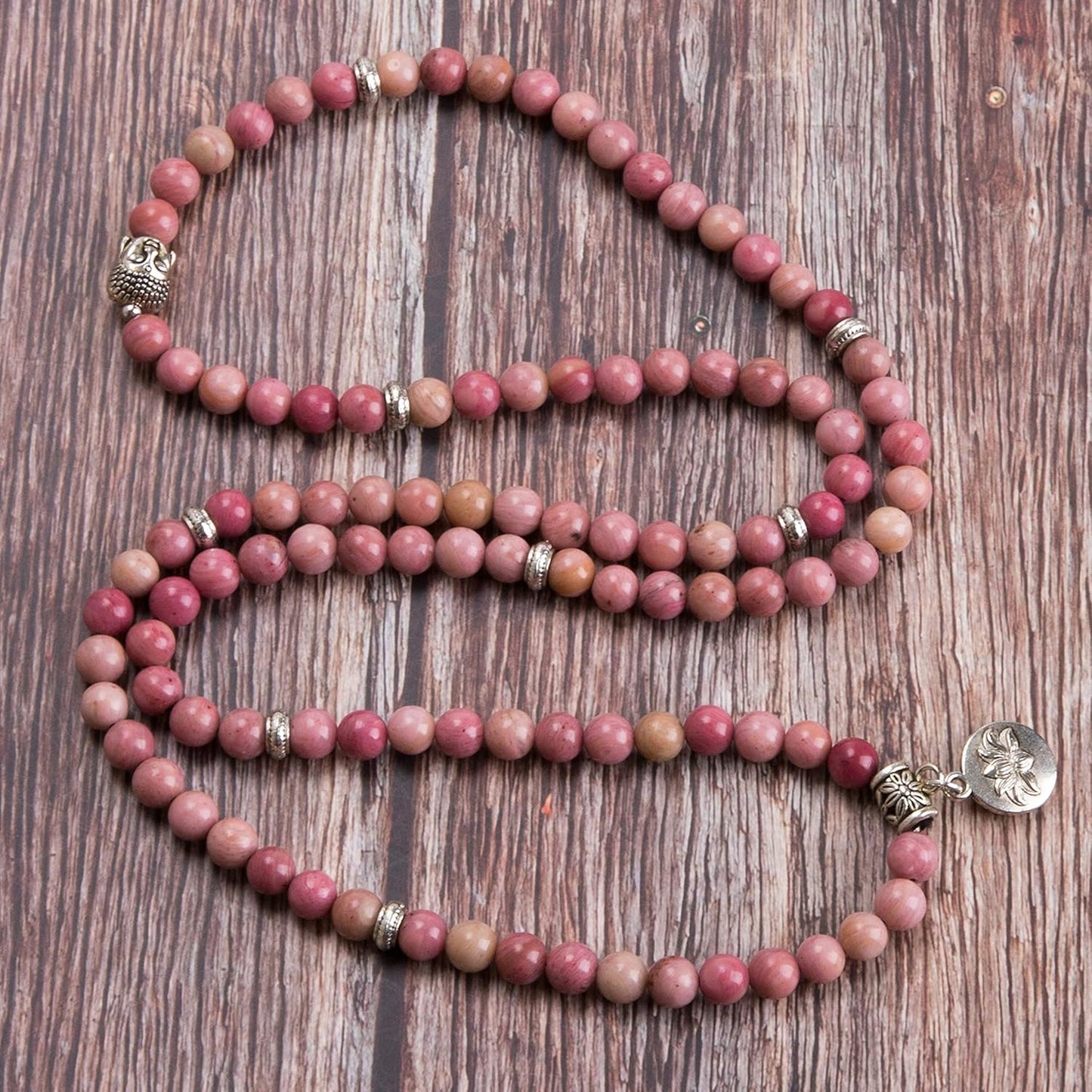 Bivei 108 Mala Beads Necklace Long Beaded Wrap Bracelets Genuine Gemstone Mala Prayer Beads Lotus Buddha Charm Yoga Meditation Necklace