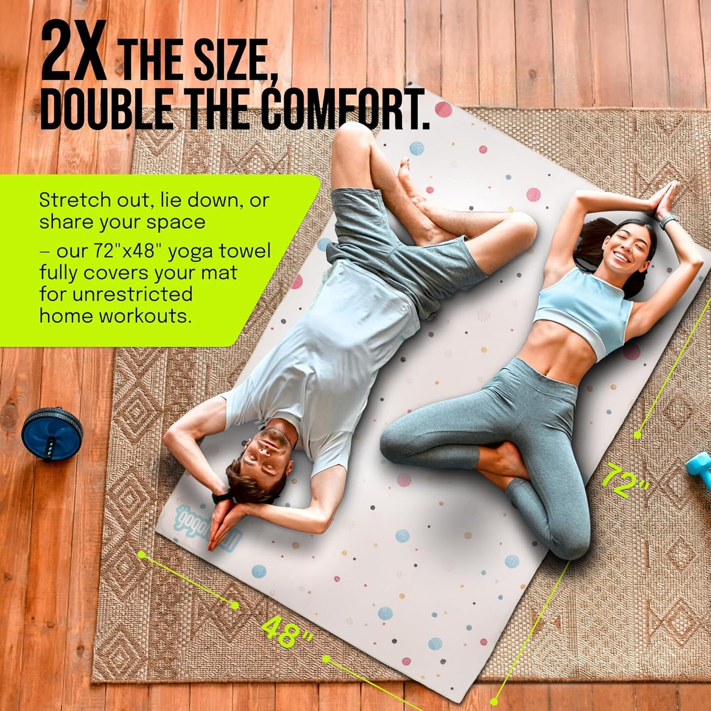 gogoKIWI Large Yoga Towel 72"x48" - Non-Slip Hot Yoga Towel with Corner Pockets & Full Silicone Backing, Printed Carpet-Style Design for Home Workouts, Pilates & Yoga