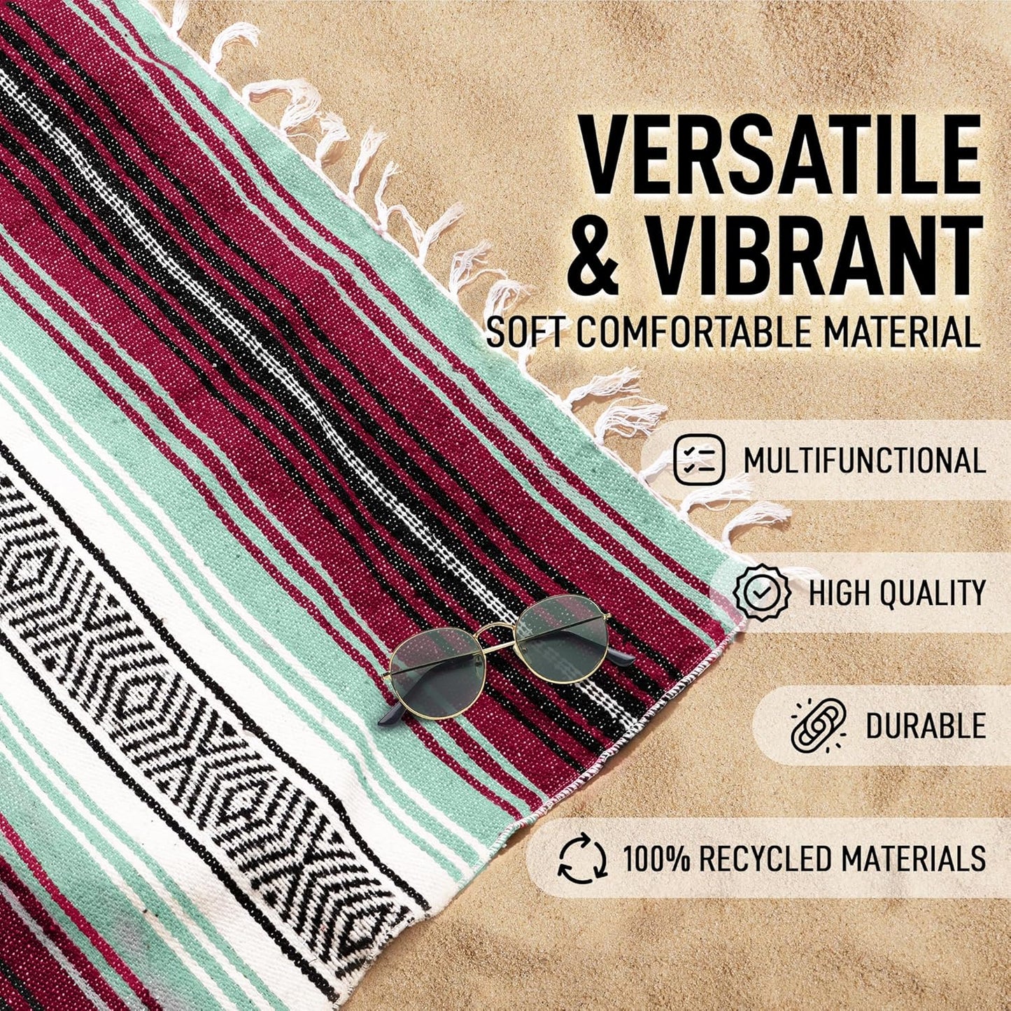 Hydration Nation Authentic Large Handwoven Mexican Blanket - Soft Yoga - Durable Serape - Lightweight Falsa, Beach, Camping, Picnic, Outdoor 70"x50" - Mandarin