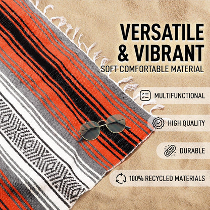 Hydration Nation Authentic Large Handwoven Mexican Blanket - Soft Yoga - Durable Serape - Lightweight Falsa, Beach, Camping, Picnic, Outdoor 70"x50" - Mandarin