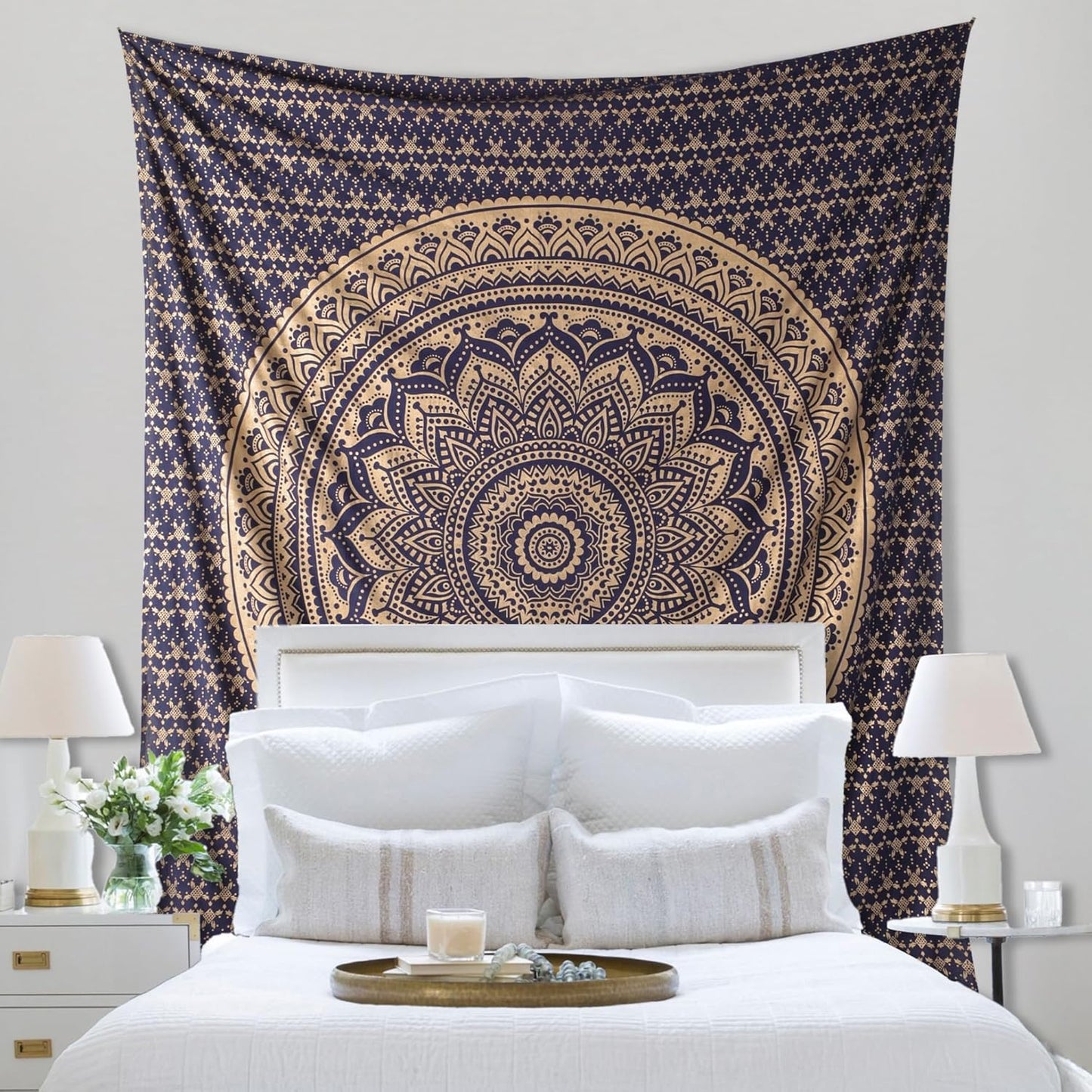 THE ART BOX Original Gold Tapestry Wall Hanging Mandala – Cotton Throw Tapestry – Boho Bedding White and Gold Medium Bedspread 54x60 Inches – Meditation & Yoga Rug Mat