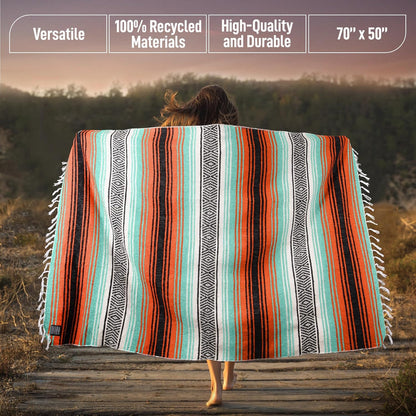 Hydration Nation Authentic Large Handwoven Mexican Blanket - Soft Yoga - Durable Serape - Lightweight Falsa, Beach, Camping, Picnic, Outdoor 70"x50" - Mandarin