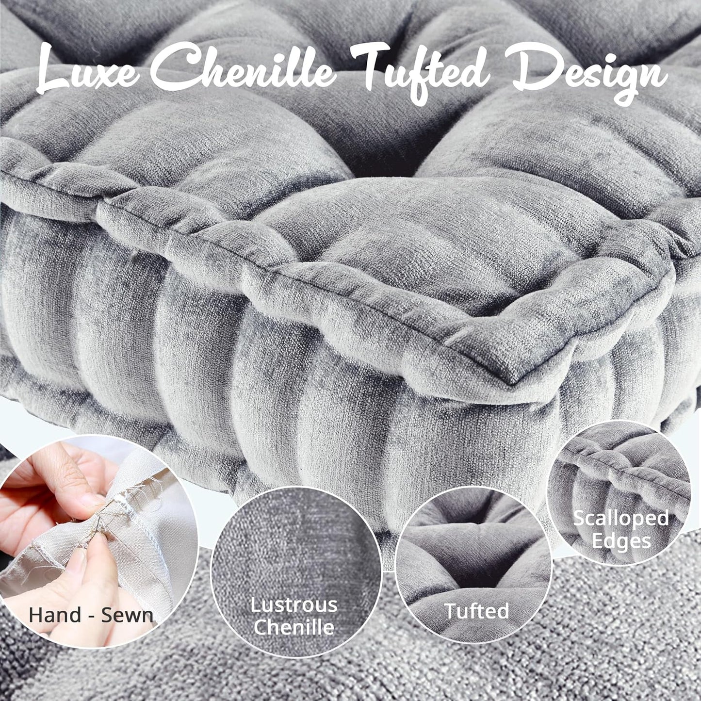 Intelligent Design Large Floor Pillow for Adults Yoga or Meditation Cushion with Handle, Floor Cushion for Board Games, Lustrous Chenille Tufted, Handsewn Scalloped Edge, Azza, 24" x 24" x 5" Yellow
