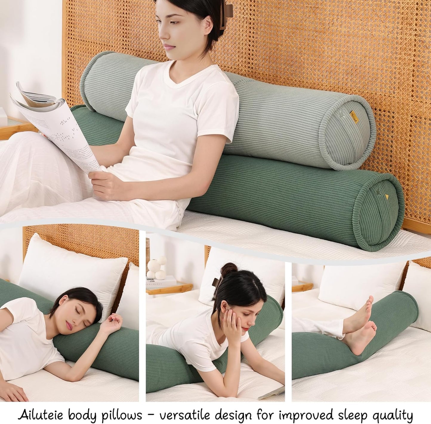 Corduroy Body Pillow, Round Bolster Cylinder Pillow for Adults, Soft Long Support Pillow for Bed & Sofa, Removable Washable Cover,59 x 7.87 Inches,Peacock Blue