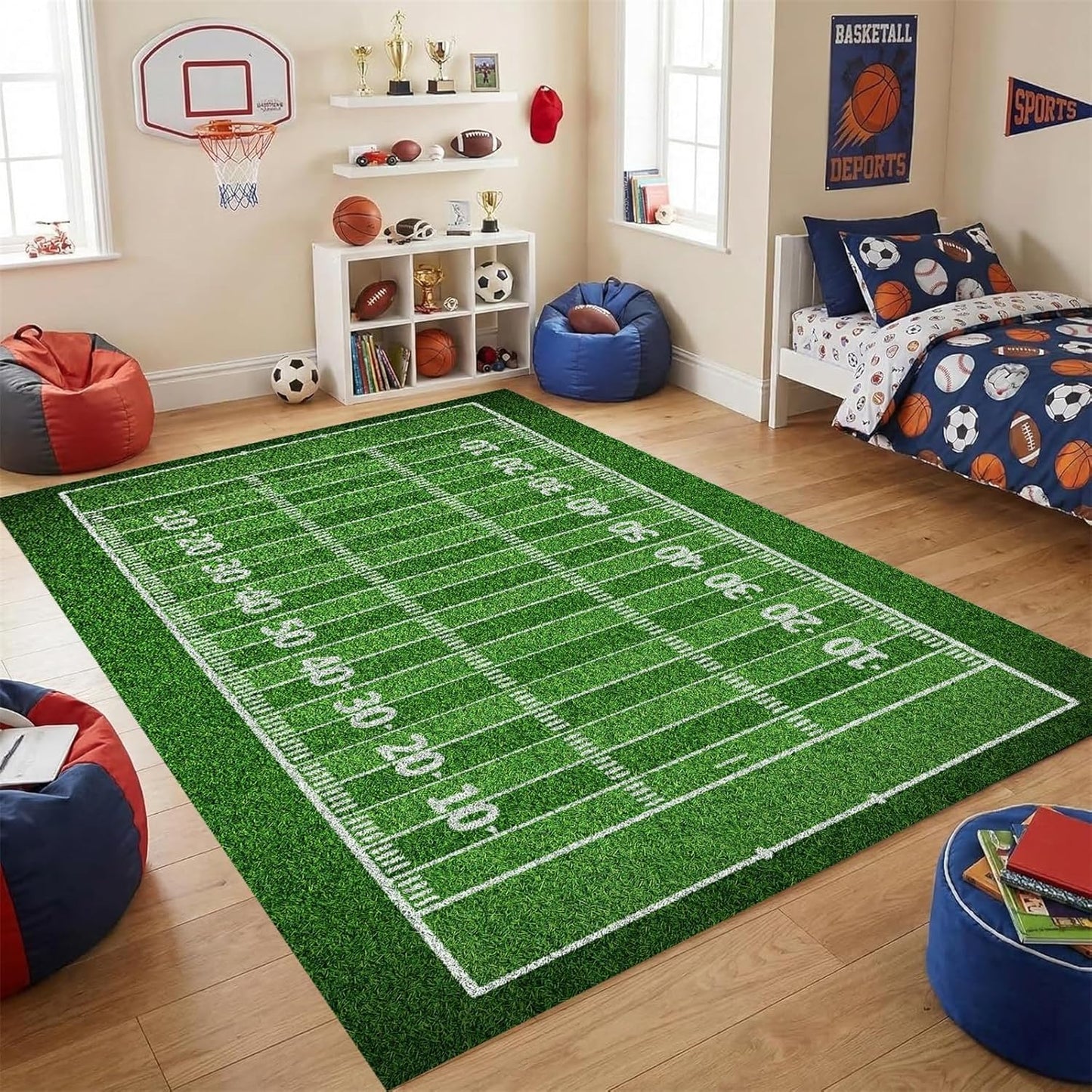 Sports Field Area Rug,5x7ft, Soccer Field Chalked Blackboard Football Stadium Board Painted Non-Slip Soft Carpet Floor Mat Indoor Living Room Bedroom Rugs Yoga Mat Home Decor