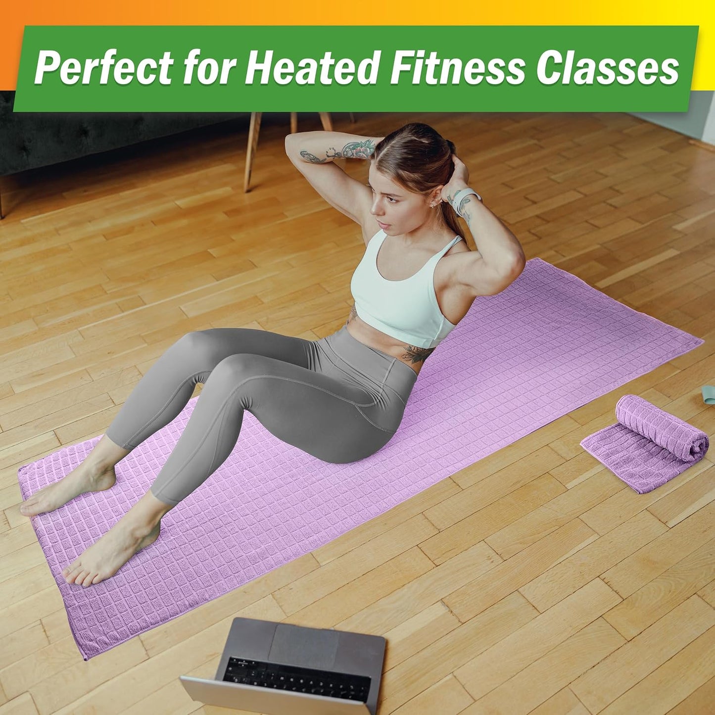 Yoga Mat Towel and Gym Towel Set - 2-Piece Non Slip Set for Hot Yoga, Pilates, and Gym - 72” x 24” Sweat Absorbent and Quick Drying Blanket with Corner Pockets for Mats by Wakeman (Gray)