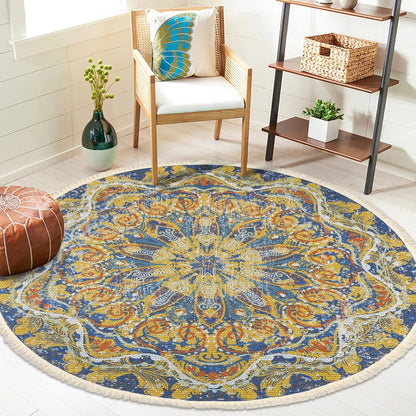 Boho Rug 5Ft Round Bedroom Carpet Circle Nonslip Farmhouse Area Rug Rustic Mandala Floor Mat for Living Room Locker Room Tassel Yoga Throw Rugs Washable Doormat, Purple