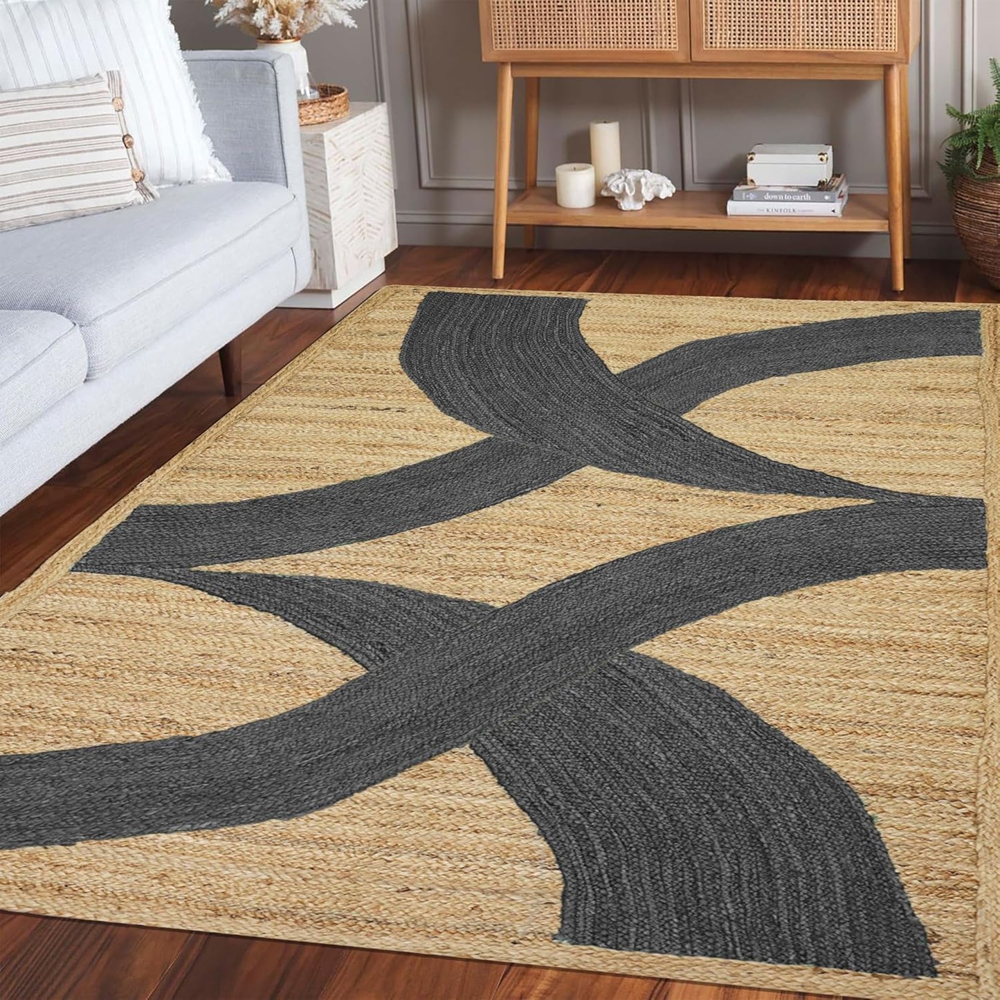 Premium Quality Jute Rug 4x6 Feet Area Rug Natural Fiber Jute Rugs Thick 0.27" Black Abstract Pattern Geometric Rugs for Kids Room, Living Room, Yoga Mat, Indoor Outdoor Carpet - Colors C