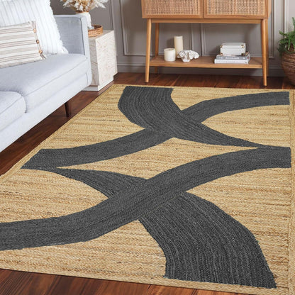 Premium Quality Jute Rug 4x6 Feet Area Rug Natural Fiber Jute Rugs Thick 0.27" Black Abstract Pattern Geometric Rugs for Kids Room, Living Room, Yoga Mat, Indoor Outdoor Carpet - Colors C