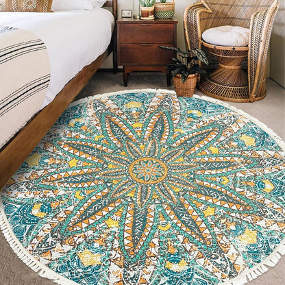 Boho Rug 5Ft Round Bedroom Carpet Circle Nonslip Farmhouse Area Rug Rustic Mandala Floor Mat for Living Room Locker Room Tassel Yoga Throw Rugs Washable Doormat, Purple